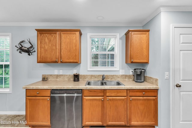 kitchen featuring stainless steel dishwasher, a sink, light countertops, crown molding, and baseboards