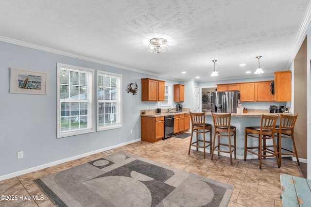 kitchen with stainless steel fridge, dishwasher, ornamental molding, a peninsula, and baseboards