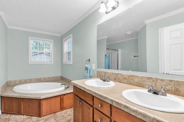 full bath featuring ornamental molding, a shower stall, a garden tub, double vanity, and tile patterned flooring