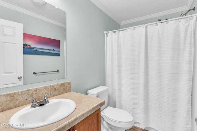 full bathroom with toilet, ornamental molding, vanity, curtained shower, and tasteful backsplash