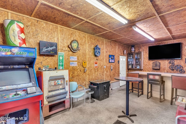 playroom featuring carpet flooring and wooden walls