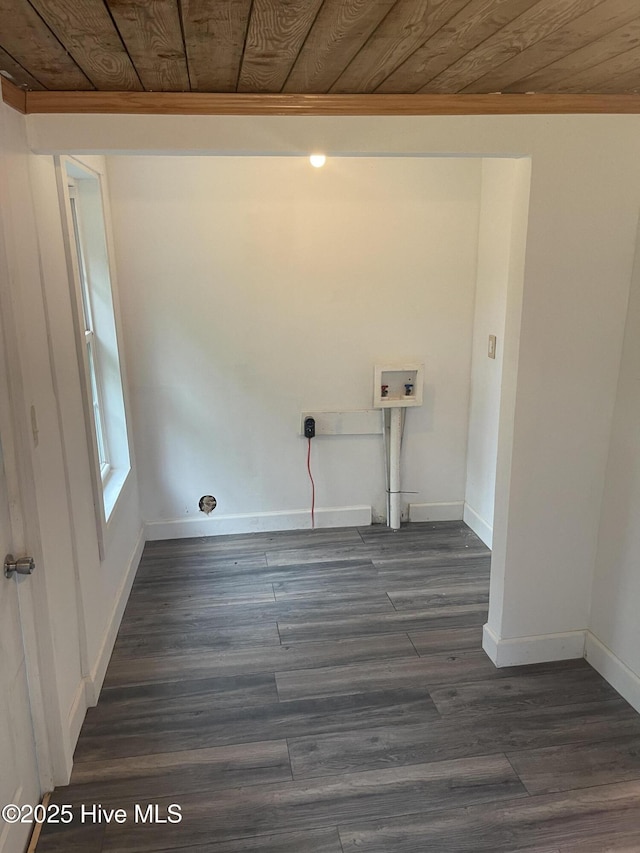 364 Weston Rd, Creswell, NC 27928 - laundry area with washer hookup, baseboards, dark wood finished floors, and wood ceiling