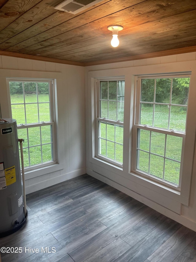 364 Weston Rd, Creswell, NC 27928 - unfurnished dining area with electric water heater, wooden ceiling, wood finished floors, plenty of natural light, and ornamental molding