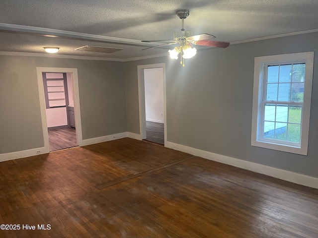 364 Weston Rd, Creswell, NC 27928 - unfurnished room featuring a textured ceiling, ornamental molding, dark wood finished floors, ceiling fan, and baseboards