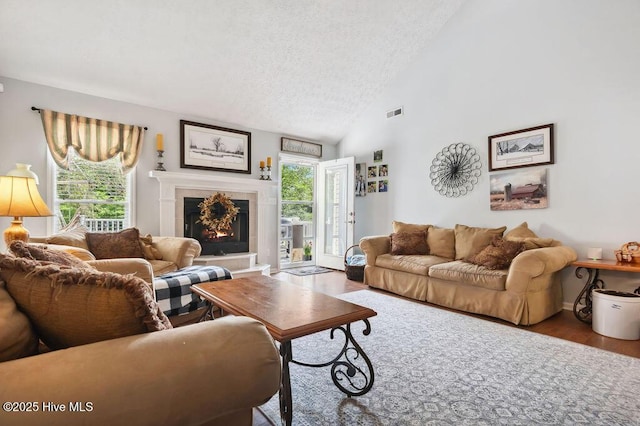 1177 Roberts Rd, Newport, NC 28570 - living area with wood finished floors, a tile fireplace, plenty of natural light, a textured ceiling, and high vaulted ceiling