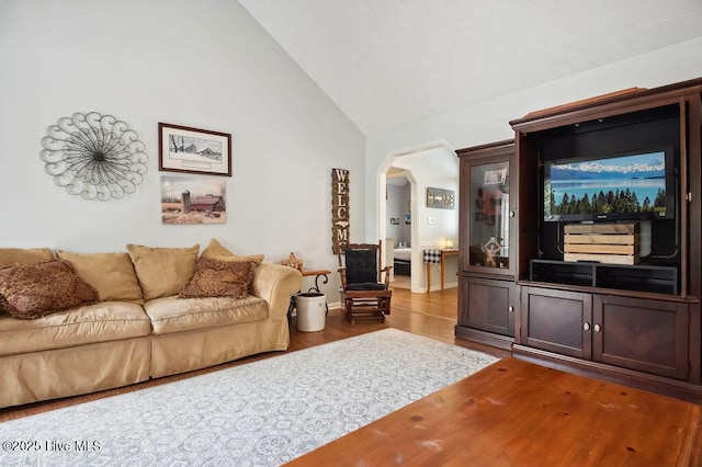 1177 Roberts Rd, Newport, NC 28570 - living area featuring arched walkways, wood finished floors, and high vaulted ceiling