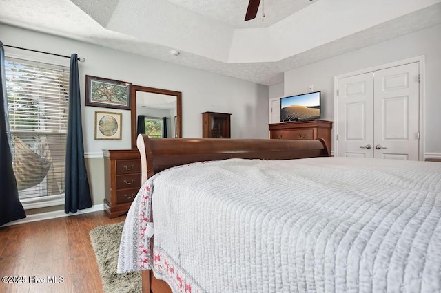 1177 Roberts Rd, Newport, NC 28570 - bedroom featuring wood finished floors, baseboards, a ceiling fan, a closet, and a tray ceiling