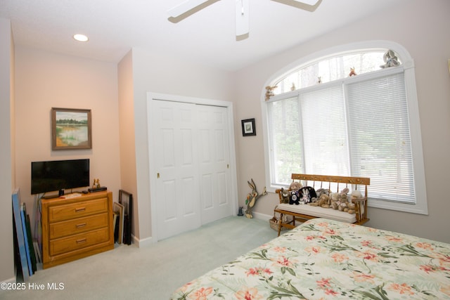 17 Troon Dr, Pinehurst, NC 28374 - bedroom featuring a closet, carpet floors, a ceiling fan, recessed lighting, and baseboards