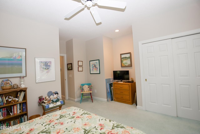 17 Troon Dr, Pinehurst, NC 28374 - bedroom featuring light carpet, a closet, a ceiling fan, baseboards, and recessed lighting