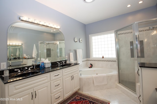 17 Troon Dr, Pinehurst, NC 28374 - bathroom featuring a shower stall, a garden tub, double vanity, tile patterned flooring, and recessed lighting
