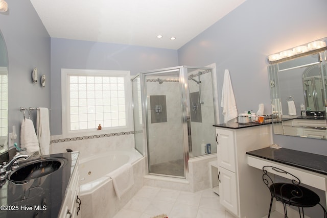 17 Troon Dr, Pinehurst, NC 28374 - bathroom with a stall shower, a tub with jets, tile patterned flooring, and vanity