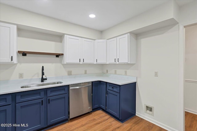 kitchen with stainless steel dishwasher, a sink, open shelves, blue cabinetry, and white cabinets