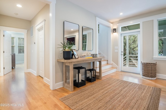 3 Sabal Palm Trl, Bald Head Island, NC 28461 - entrance foyer with wood finished floors, stairs, recessed lighting, and baseboards