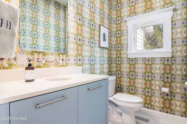 3 Sabal Palm Trl, Bald Head Island, NC 28461 - half bath with vanity, toilet, and wallpapered walls