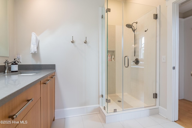 3 Sabal Palm Trl, Bald Head Island, NC 28461 - bathroom with a shower stall, vanity, baseboards, and tile patterned flooring
