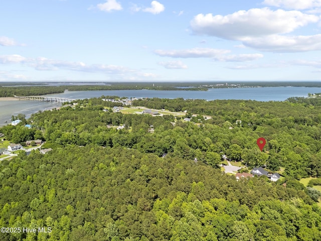 bird's eye view of a heavily wooded area and a large body of water