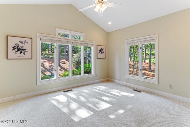 20 Shenecossett Ln, Pinehurst, NC 28374 - unfurnished room with carpet floors, baseboards, a ceiling fan, recessed lighting, and high vaulted ceiling
