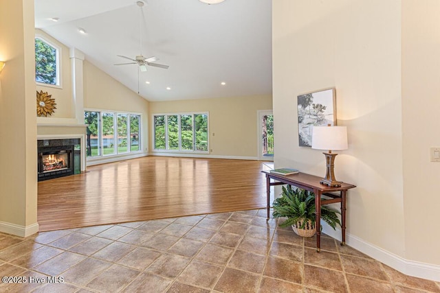 20 Shenecossett Ln, Pinehurst, NC 28374 - living room featuring high vaulted ceiling, baseboards, a ceiling fan, a high end fireplace, and recessed lighting