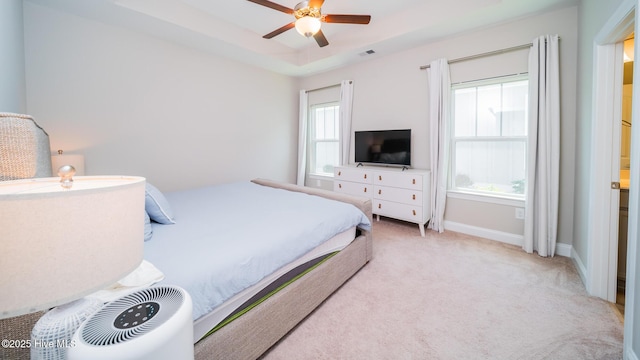 bedroom with carpet flooring, baseboards, and ceiling fan