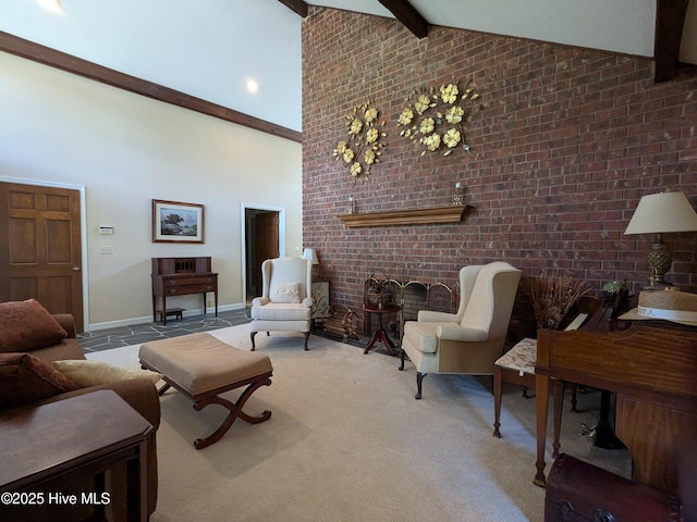 carpeted living area with beam ceiling, high vaulted ceiling, and baseboards