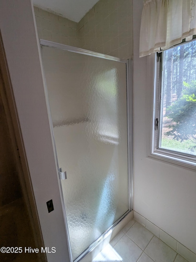 bathroom with tile patterned flooring and a shower stall
