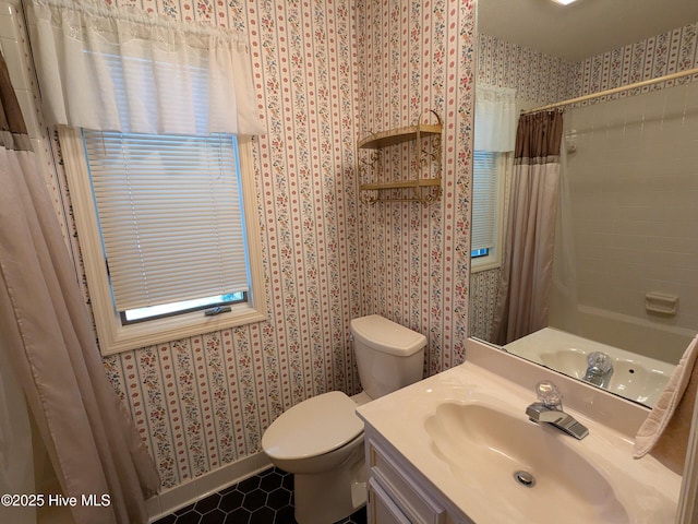 bathroom featuring wallpapered walls, toilet, a shower with curtain, vanity, and tile patterned floors