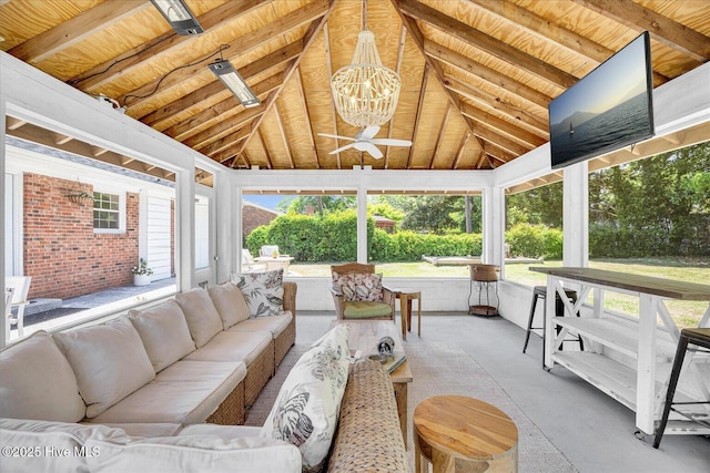 125 Windemere Rd, Wilmington, NC 28405 - sunroom / solarium with vaulted ceiling, an outdoor hangout area, a chandelier, and ceiling fan
