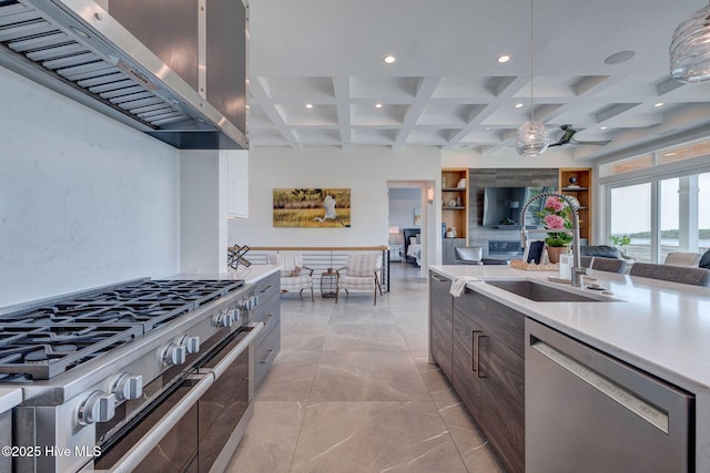 1326 Tidalwalk Dr, Wilmington, NC 28409 - kitchen featuring appliances with stainless steel finishes, ventilation hood, coffered ceiling, modern cabinets, and a sink