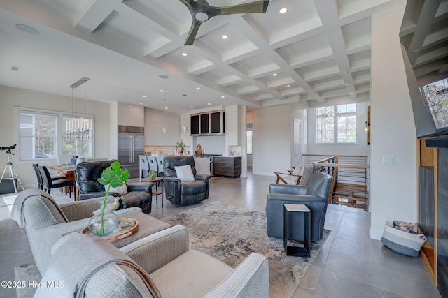 1326 Tidalwalk Dr, Wilmington, NC 28409 - living room with beamed ceiling, recessed lighting, baseboards, coffered ceiling, and light tile patterned floors