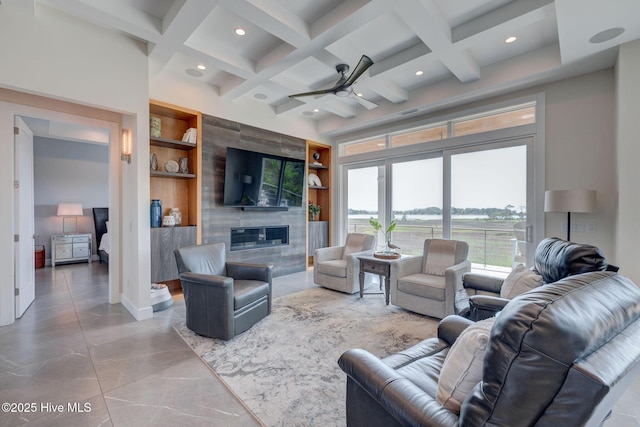 1326 Tidalwalk Dr, Wilmington, NC 28409 - living room with built in features, coffered ceiling, ceiling fan, recessed lighting, and beam ceiling