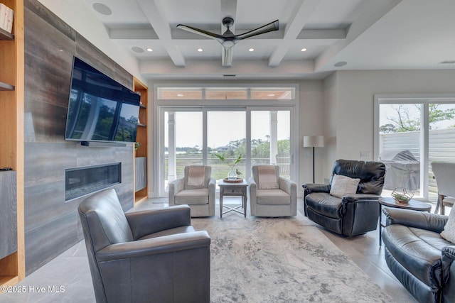 1326 Tidalwalk Dr, Wilmington, NC 28409 - living area featuring coffered ceiling, a fireplace, beam ceiling, a ceiling fan, and recessed lighting