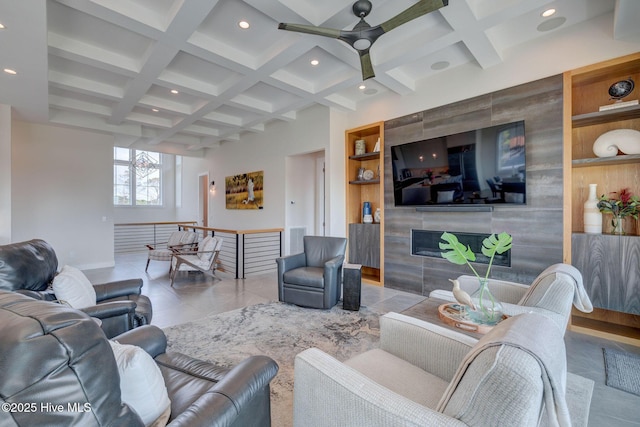 1326 Tidalwalk Dr, Wilmington, NC 28409 - living room with coffered ceiling, beamed ceiling, recessed lighting, baseboards, and a ceiling fan