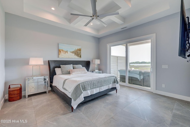 1326 Tidalwalk Dr, Wilmington, NC 28409 - bedroom with coffered ceiling, recessed lighting, access to exterior, baseboards, and a ceiling fan