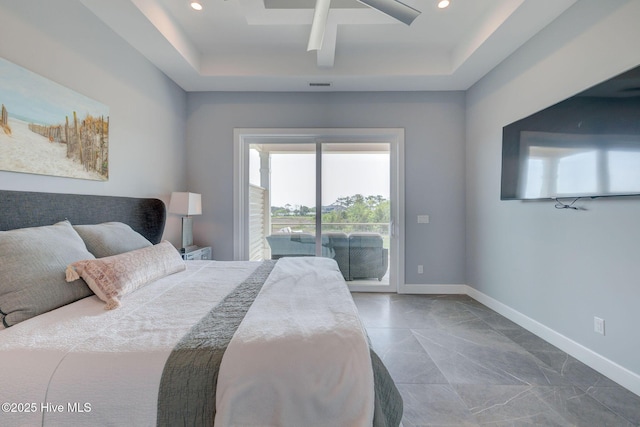 1326 Tidalwalk Dr, Wilmington, NC 28409 - bedroom with access to outside, a raised ceiling, baseboards, ceiling fan, and recessed lighting