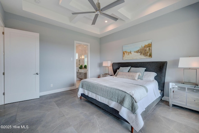 1326 Tidalwalk Dr, Wilmington, NC 28409 - bedroom featuring baseboards, recessed lighting, marble finish flooring, a tray ceiling, and ceiling fan