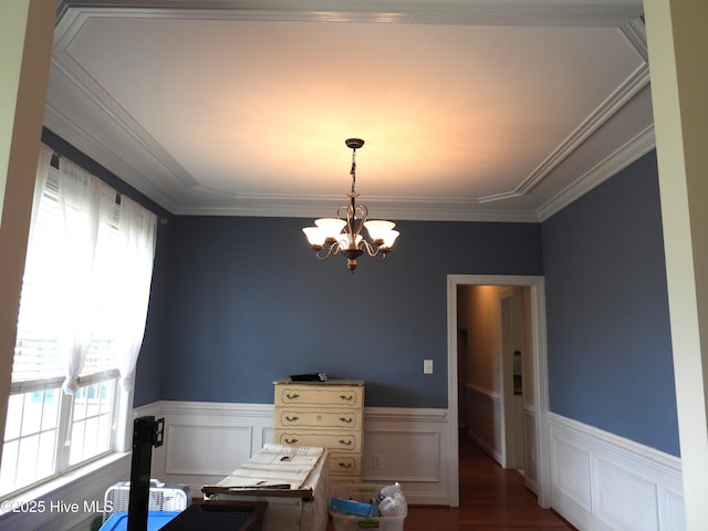 644 Milton Dr, Winterville, NC 28590 - dining space with a chandelier, wainscoting, wood finished floors, and ornamental molding