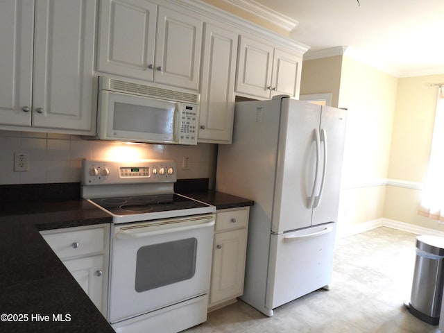 644 Milton Dr, Winterville, NC 28590 - kitchen featuring white appliances, dark countertops, light floors, decorative backsplash, and ornamental molding