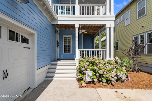 1218 Pinfish Ln, Carolina Beach, NC 28428 - entrance to property with a porch, a ceiling fan, and a balcony