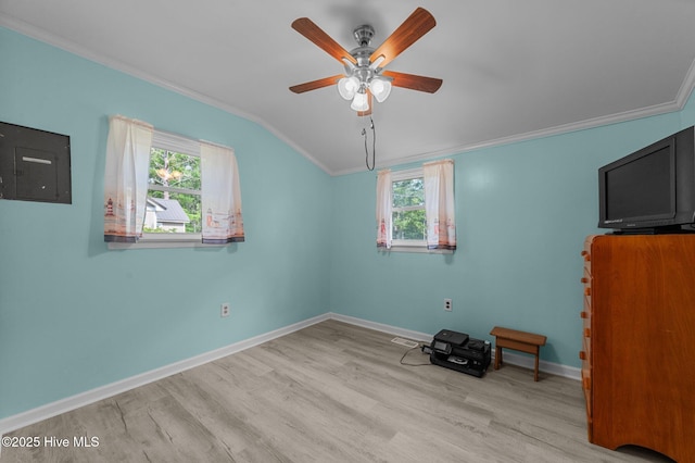 2285 Old Pamlico Beach Rd W, Belhaven, NC 27810 - unfurnished bedroom featuring crown molding, light wood finished floors, vaulted ceiling, electric panel, and multiple windows