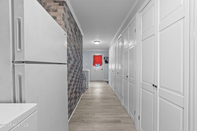 2285 Old Pamlico Beach Rd W, Belhaven, NC 27810 - hallway featuring ornamental molding, light wood-style floors, and washer / clothes dryer