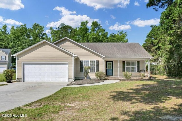 102 Rocky Ct, Richlands, NC 28574 - single story home featuring a garage, concrete driveway, a porch, and a front lawn