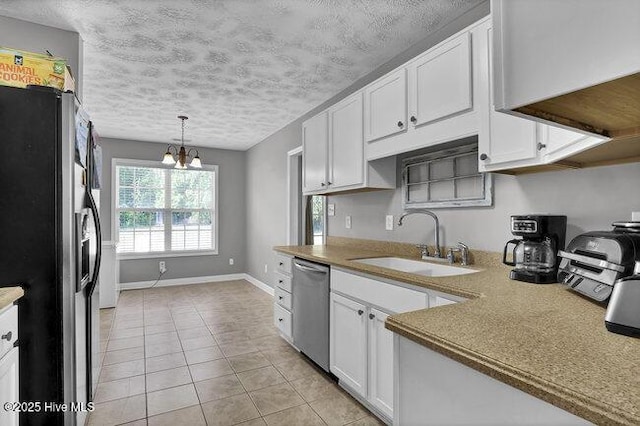 102 Rocky Ct, Richlands, NC 28574 - kitchen with a sink, black fridge with ice dispenser, stainless steel dishwasher, white cabinets, and a chandelier
