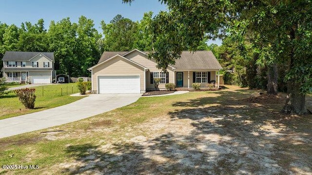 102 Rocky Ct, Richlands, NC 28574 - view of front of property with a garage, concrete driveway, a front yard, and a porch