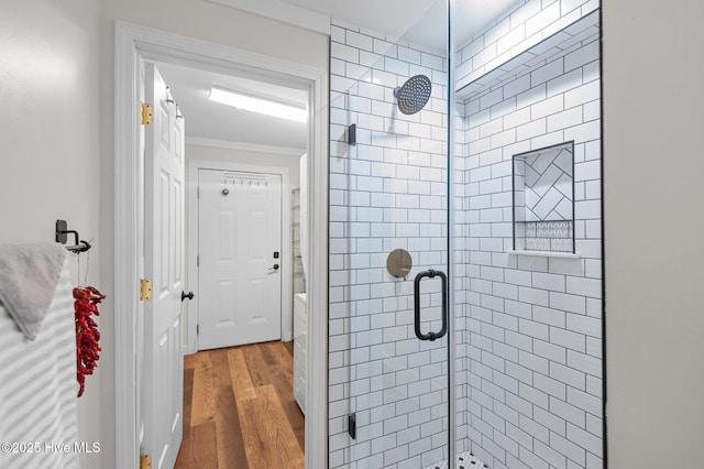 105 N Main St, Bath, NC 27808 - full bathroom featuring a stall shower, wood finished floors, and ornamental molding