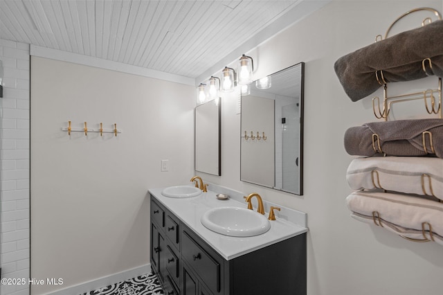 105 N Main St, Bath, NC 27808 - bathroom featuring baseboards, wood ceiling, and double vanity