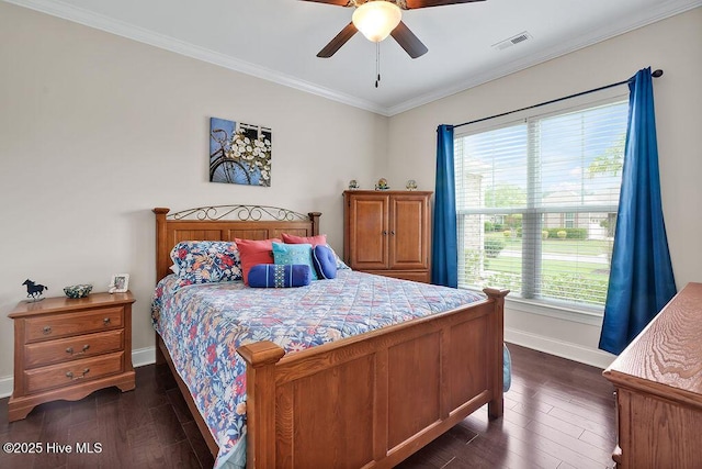 968 Woodwind Dr, Leland, NC 28451 - bedroom featuring baseboards, dark wood-style floors, ornamental molding, and a ceiling fan