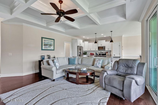 968 Woodwind Dr, Leland, NC 28451 - living area featuring recessed lighting, coffered ceiling, dark wood finished floors, a ceiling fan, and beam ceiling