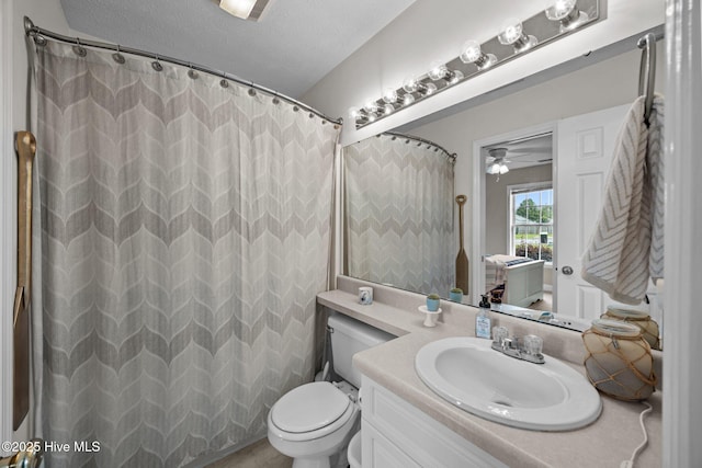 133 Moses Griffin Ln, New Bern, NC 28562 - full bathroom with vanity, a ceiling fan, toilet, a textured ceiling, and curtained shower