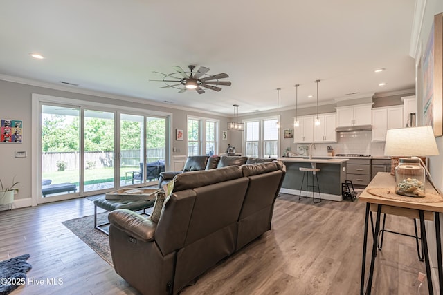 90 N Lamplighters Walk, Hampstead, NC 28443 - living area with ornamental molding, ceiling fan, recessed lighting, light wood finished floors, and baseboards