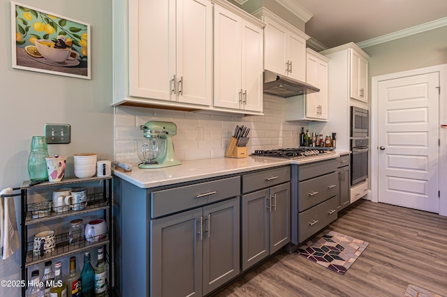90 N Lamplighters Walk, Hampstead, NC 28443 - kitchen featuring under cabinet range hood, appliances with stainless steel finishes, gray cabinets, crown molding, and dark wood-type flooring